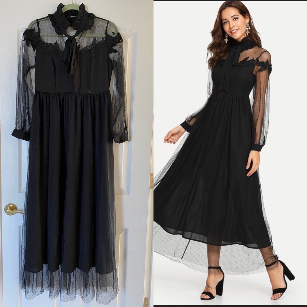Beautiful black dress with lace sleeves; fits 8/10